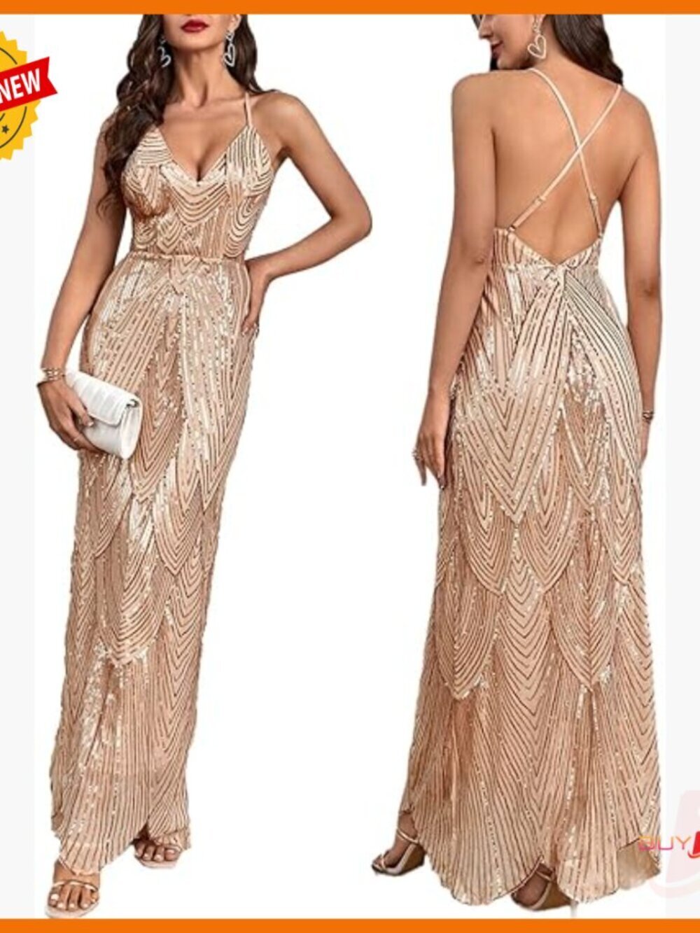 Sequin V-Neck Backless Maxi Prom Dress with Irregular Hem